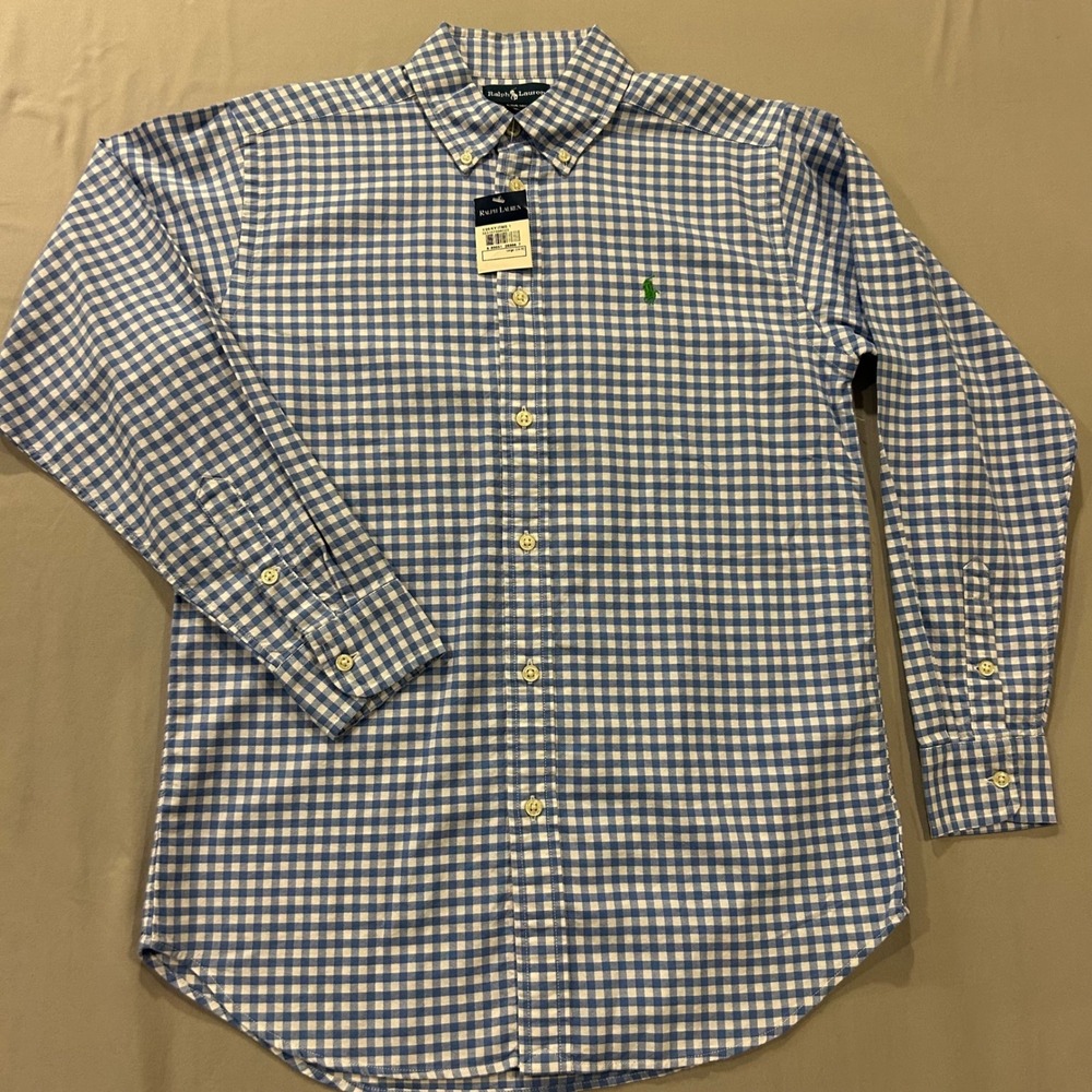 Ralph Lauren Boys Blue Gingham Button Down Shirt L 14-16 Cotton Long Sleeve
